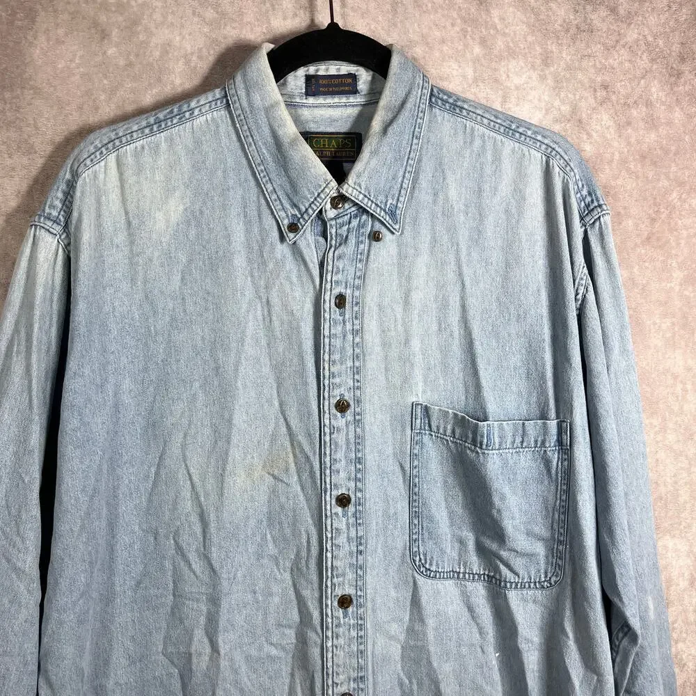 Chaps Ralph Lauren Dress Shirt Mens Size 16.5 34/35 Blue Denim Button Down‎ FLAW